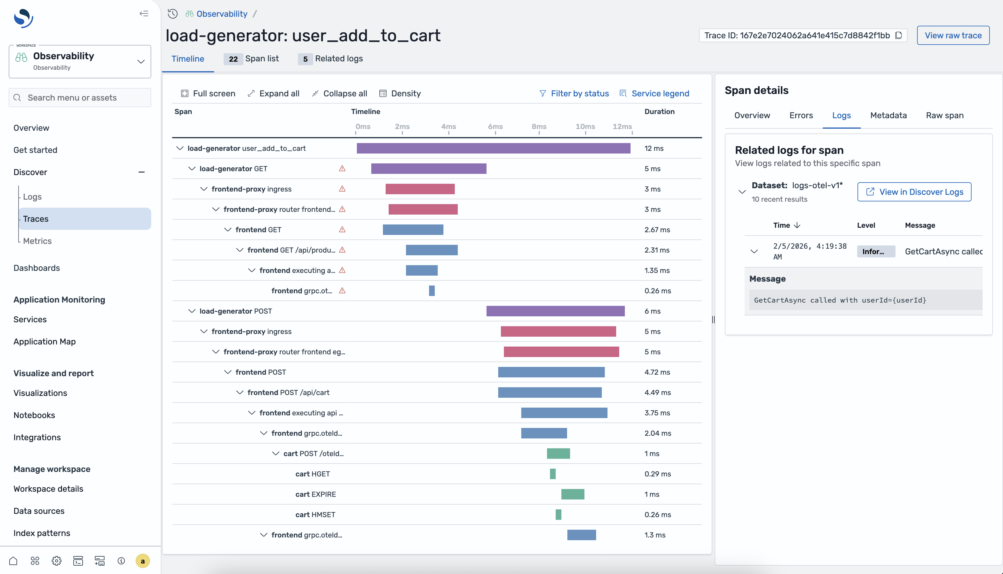 Span details with related logs
