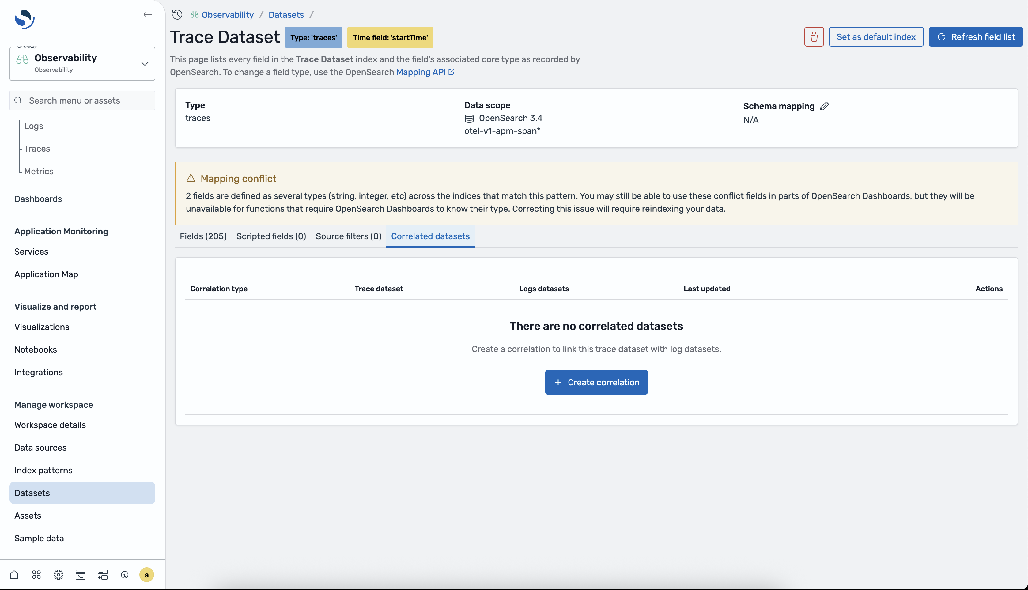 Trace dataset Correlated datasets tab