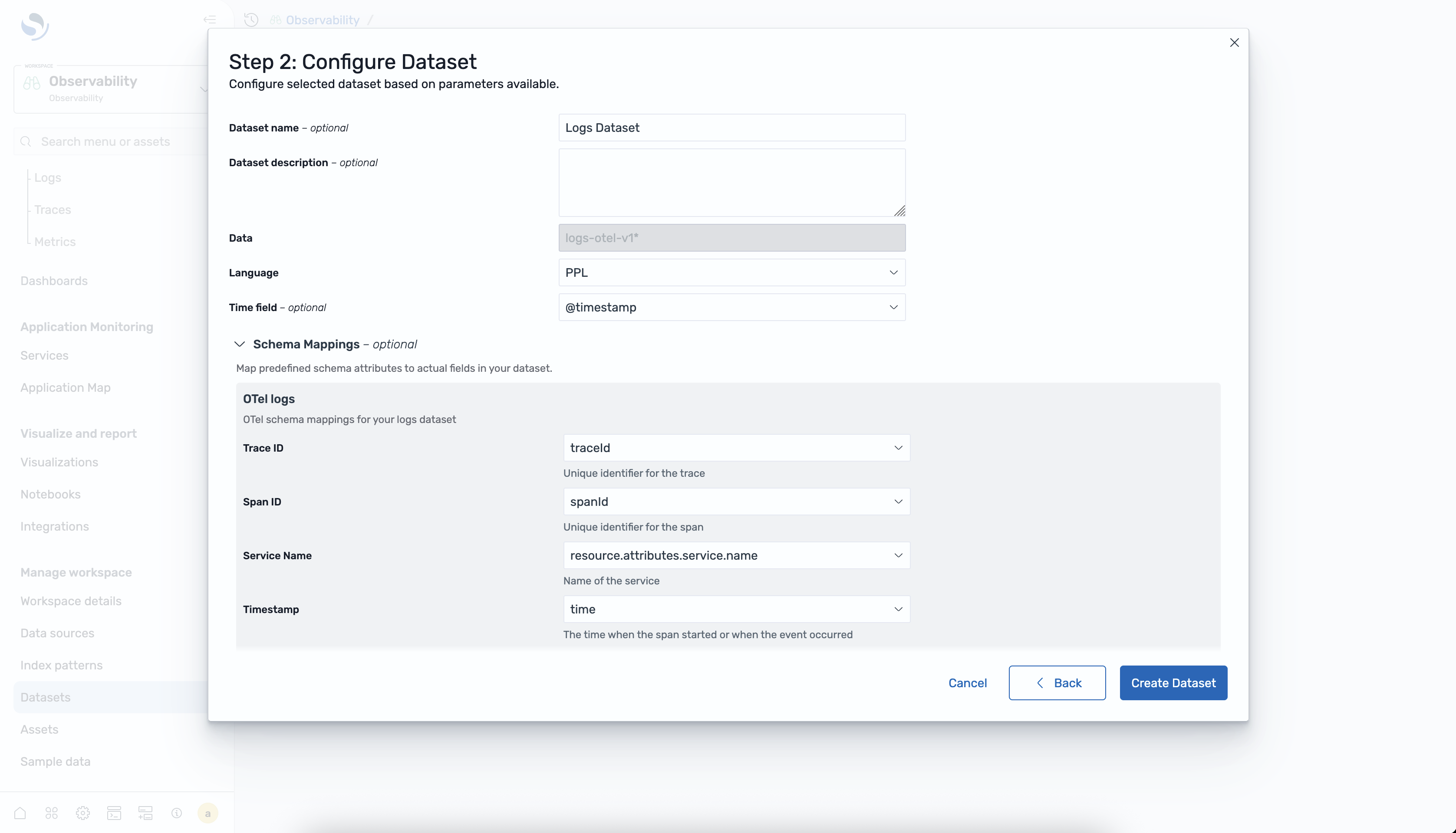Configuring logs dataset settings